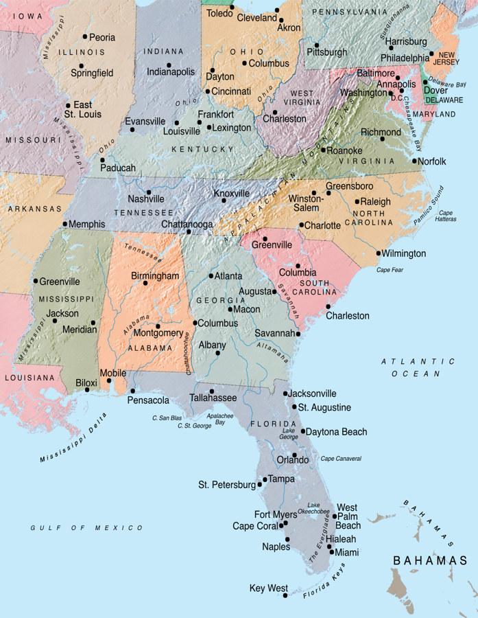 Mapa Leste dos Estados Unidos, Viagens e Pacotes EUA